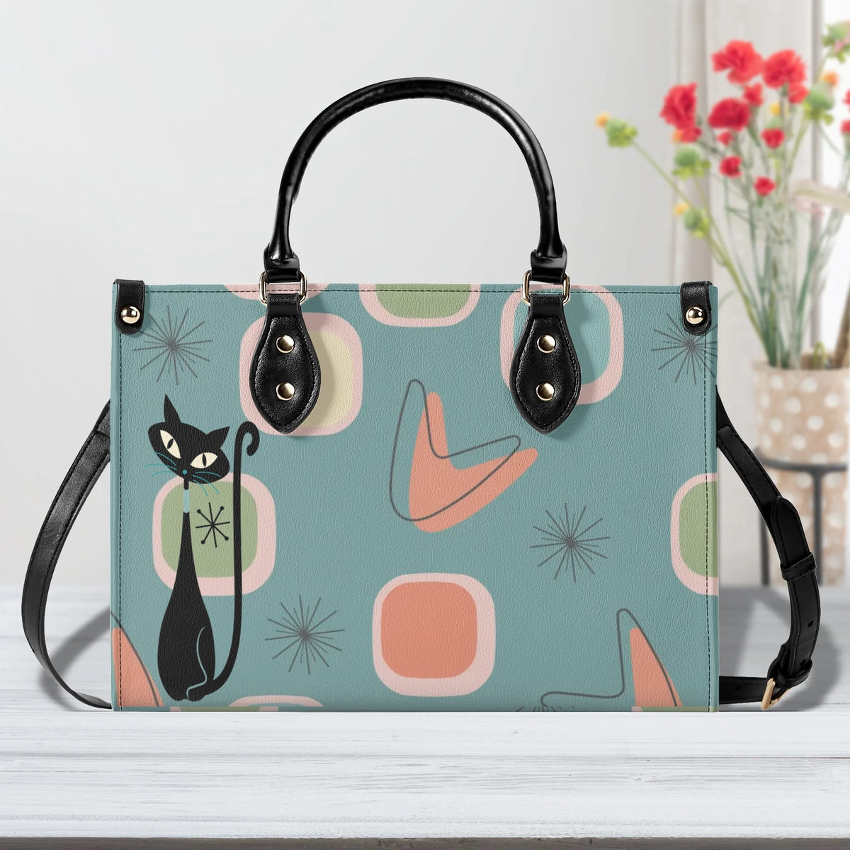 Mid Century Modern Atomic 50s, Kitschy Atomic Cat Mod Handbag, Shoulder Bag Purse - Mid Century Modern Gal