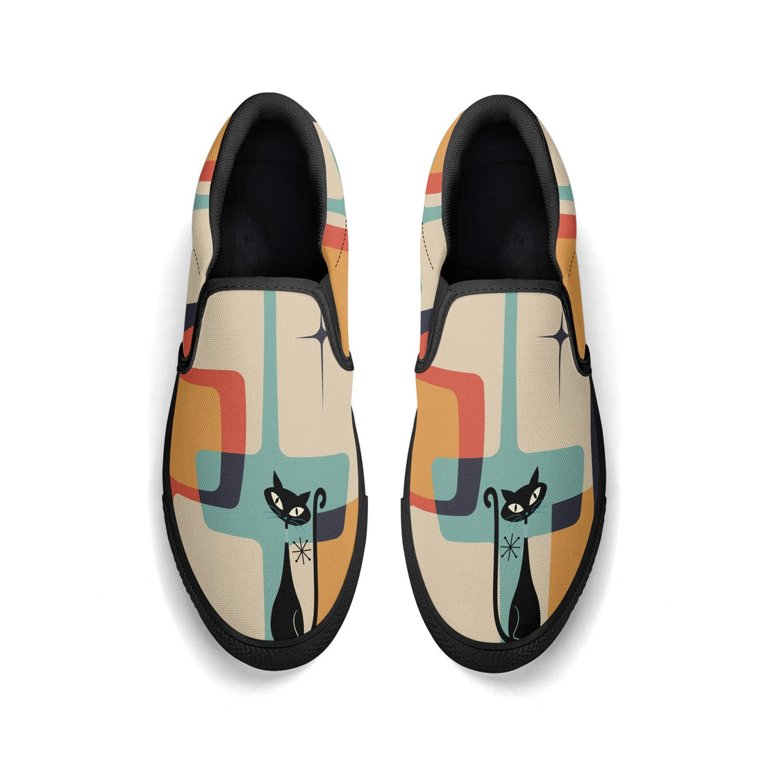 Mid Mod Atomic Kittie Kitschy Cat, Funky Fun Womens  Slip On Loafer Shoes - Mid Century Modern Gal