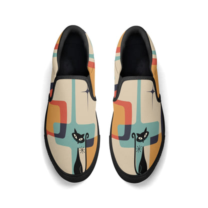 Mid Mod Atomic Kittie Kitschy Cat, Funky Fun Womens  Slip On Loafer Shoes