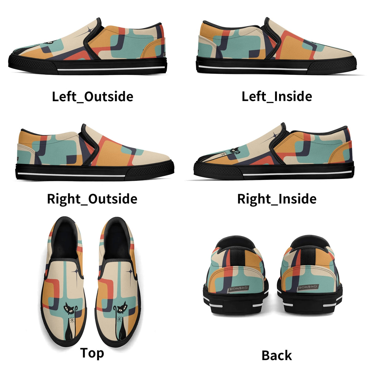 Mid Mod Atomic Kittie Kitschy Cat, Funky Fun Womens  Slip On Loafer Shoes - Mid Century Modern Gal