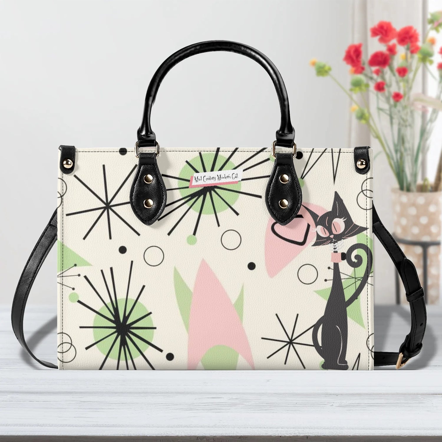 Mid Century Modern Handbag Atomic Cat, Kitschy Mod Starburst Designed