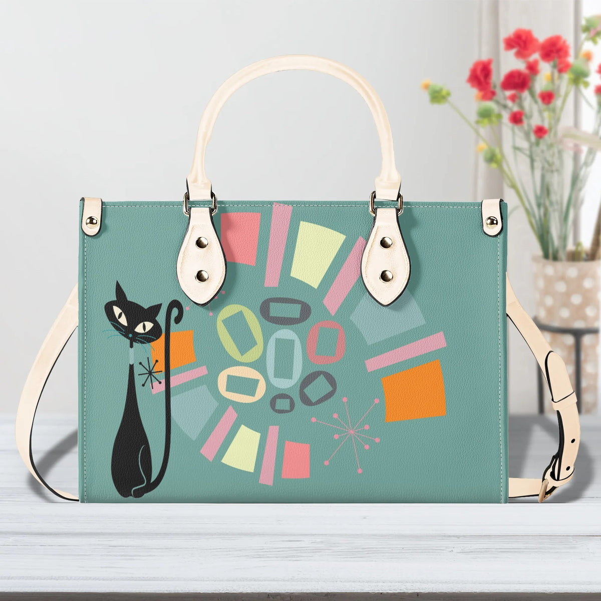 Atomic Cat, Mid Century Modern Gals Kitschy Fun Fan Girl Handbag, Shouldern Bag Purse - Mid Century Modern Gal