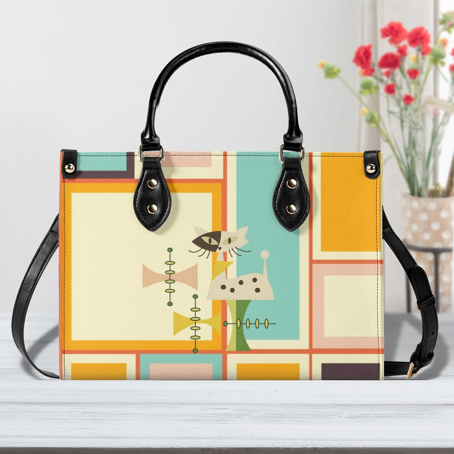 Mid Century Mod Kitschy Handbag, MCM Retro Geometric Designed With Atomic Kitty Cat