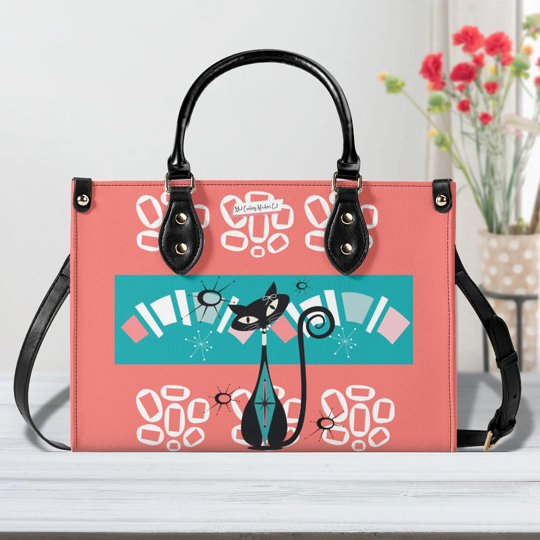 Atomic Kitschy Cat, Coral, Teal Quirky Fun Handag, Shoulder Bag By MCM GAL - Mid Century Modern Gal