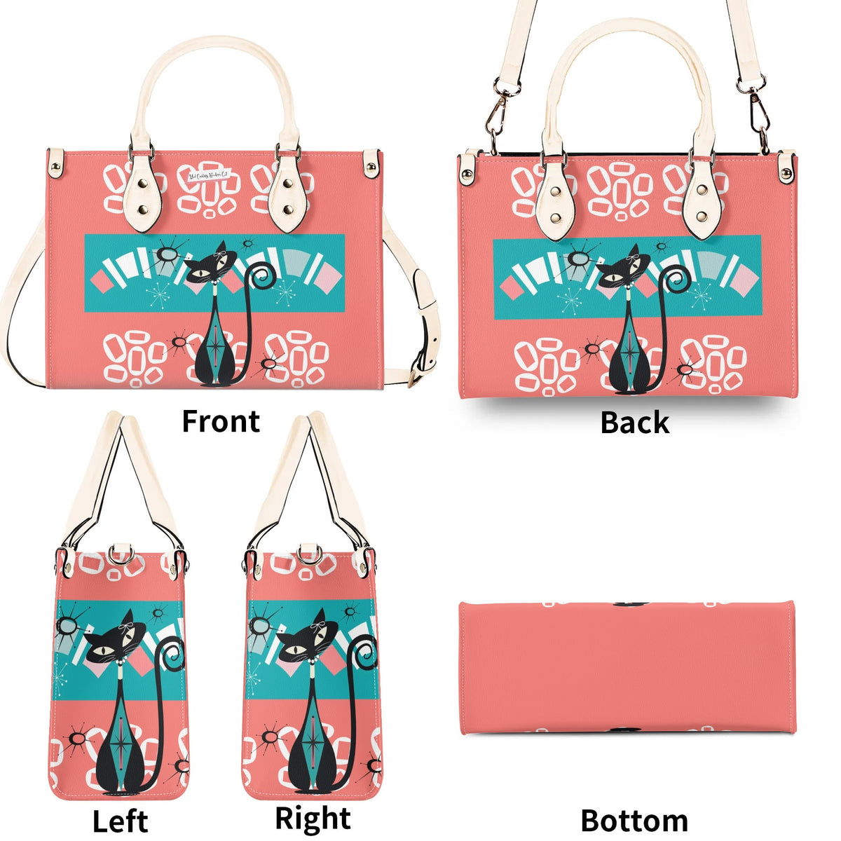 Atomic Kitschy Cat, Coral, Teal Quirky Fun Handag, Shoulder Bag By MCM GAL - Mid Century Modern Gal