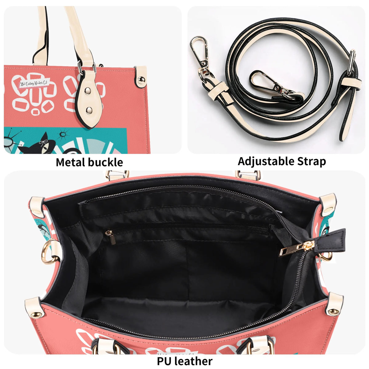 Atomic Kitschy Cat, Coral, Teal Quirky Fun Handag, Shoulder Bag By MCM GAL - Mid Century Modern Gal