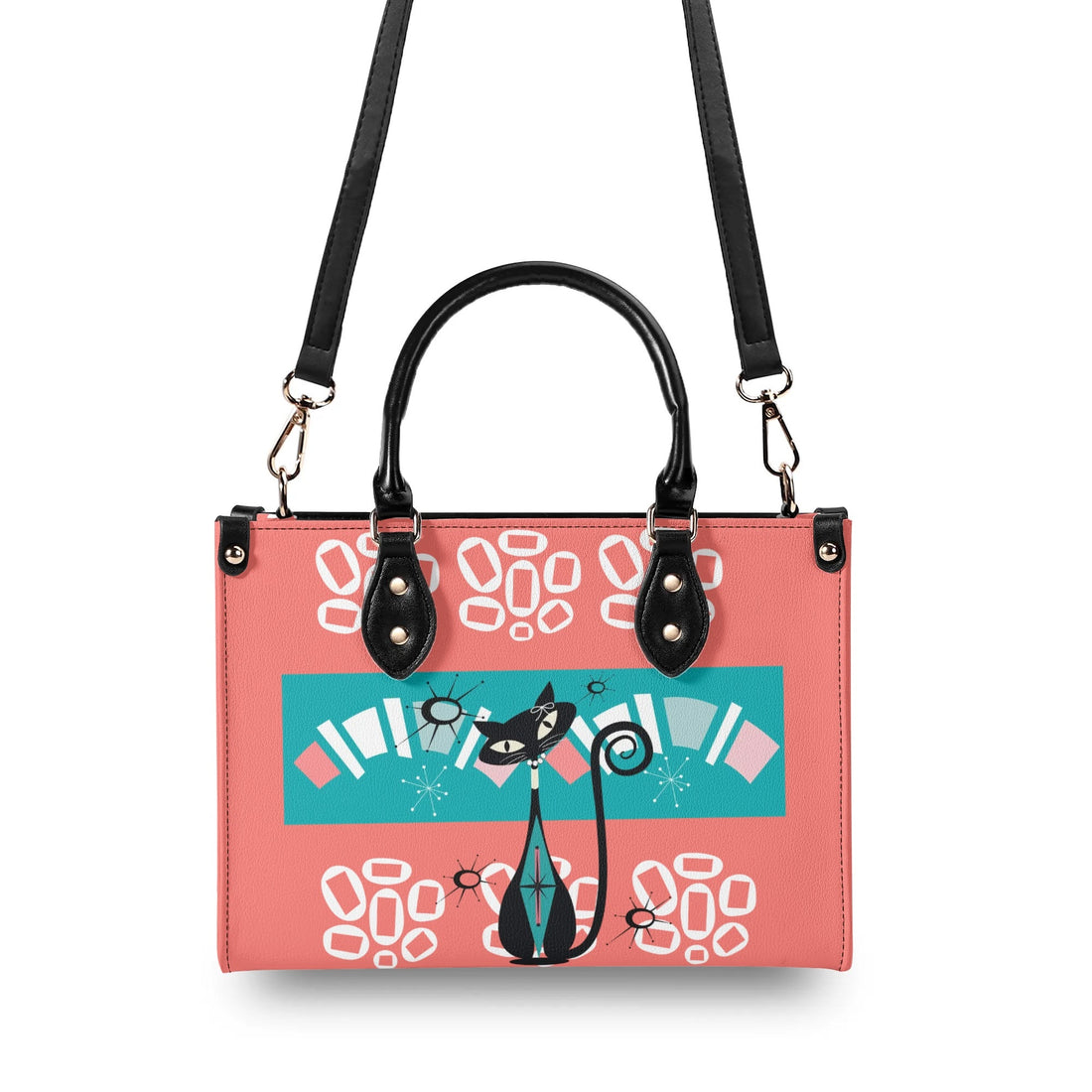 Atomic Kitschy Cat, Coral, Teal Quirky Fun Handag, Shoulder Bag By MCM GAL - Mid Century Modern Gal