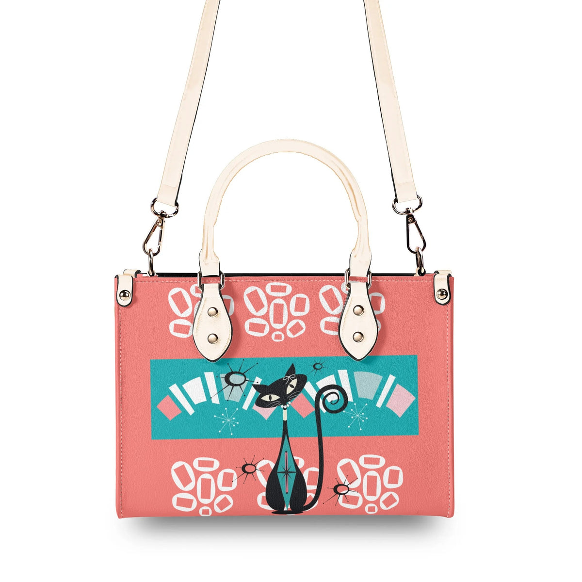 Atomic Kitschy Cat, Coral, Teal Quirky Fun Handag, Shoulder Bag By MCM GAL - Mid Century Modern Gal