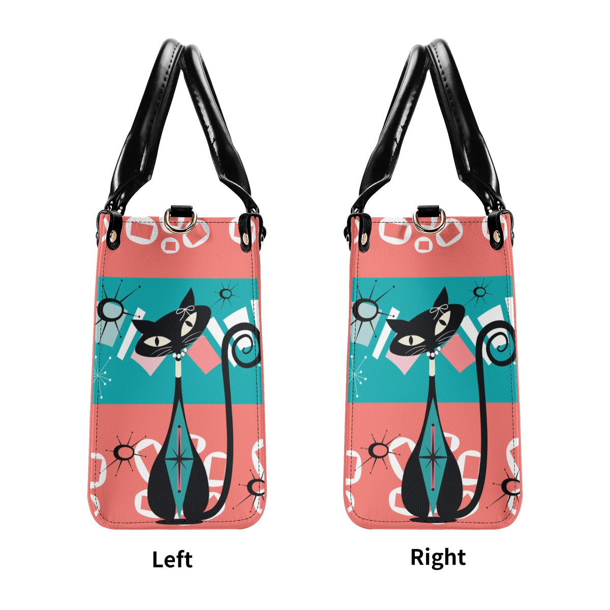 Atomic Kitschy Cat, Coral, Teal Quirky Fun Handag, Shoulder Bag By MCM GAL - Mid Century Modern Gal