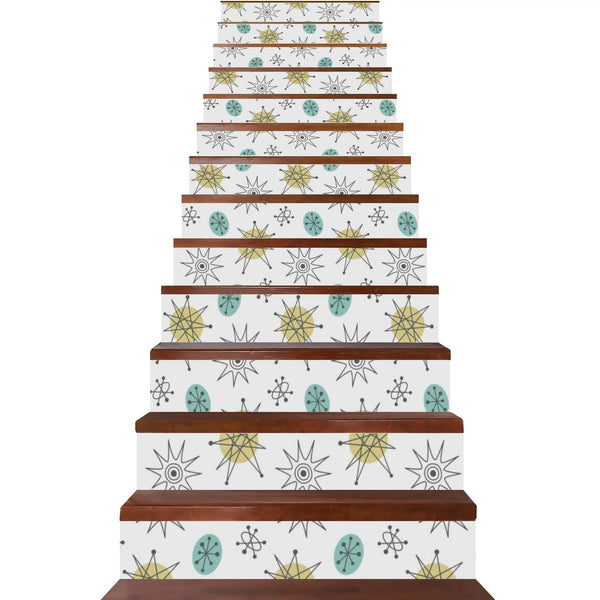 Franciscan Starburst White, Aqua Mid Mod Stair Riser Peel And Stick