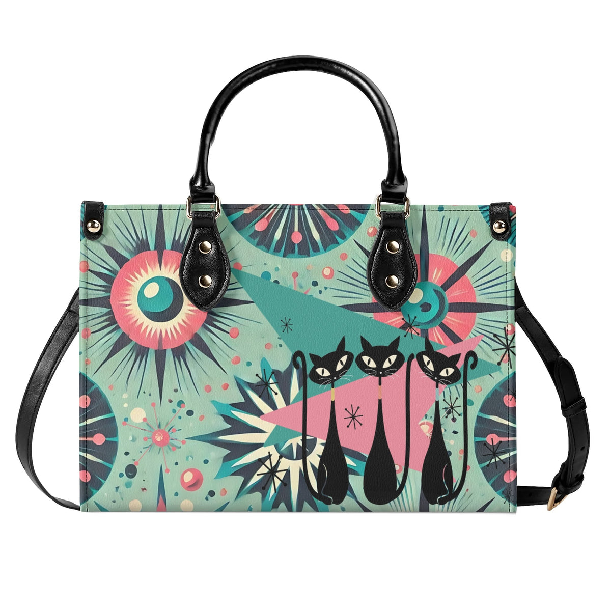 Atomic Style Kitschy Kitties, Mid Century Modern Teal, Pink Kitschy Fun Handbag, Shoulder Bag - Mid Century Modern Gal