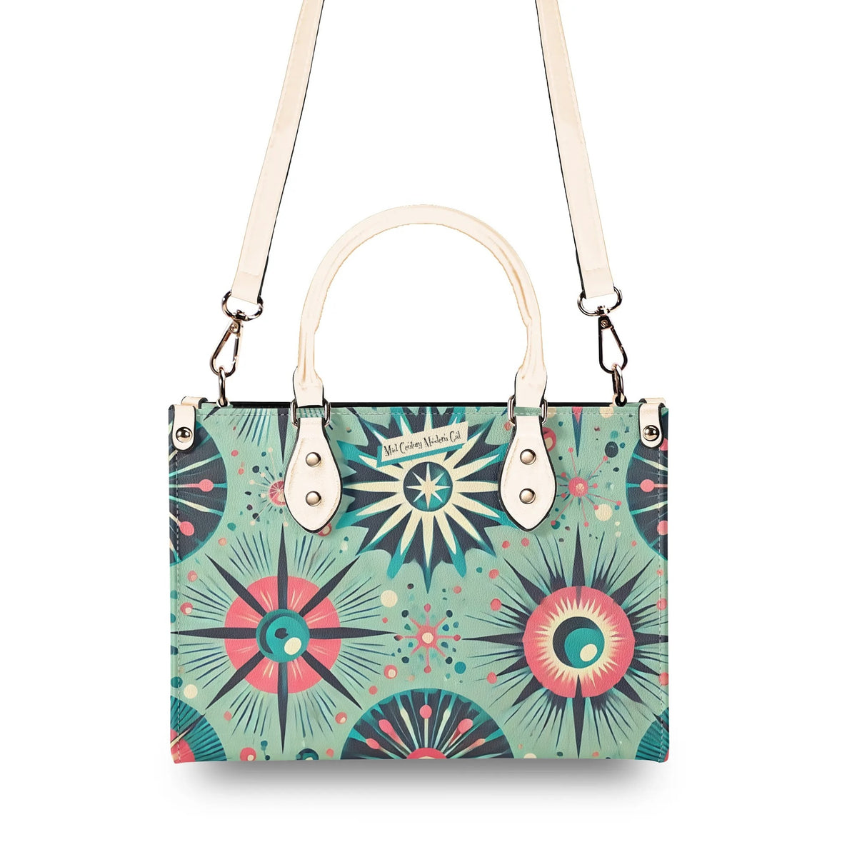 Atomic Style Kitschy Kitties, Mid Century Modern Teal, Pink Kitschy Fun Handbag, Shoulder Bag - Mid Century Modern Gal