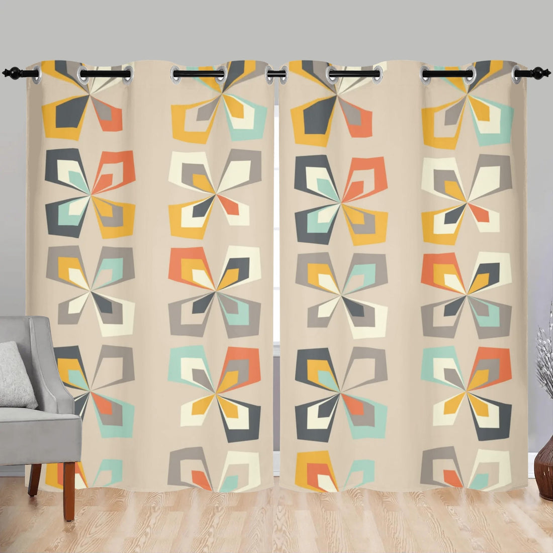 Mod 60s 70s Mid Century Modern Geometric Grommet Curtain Panels