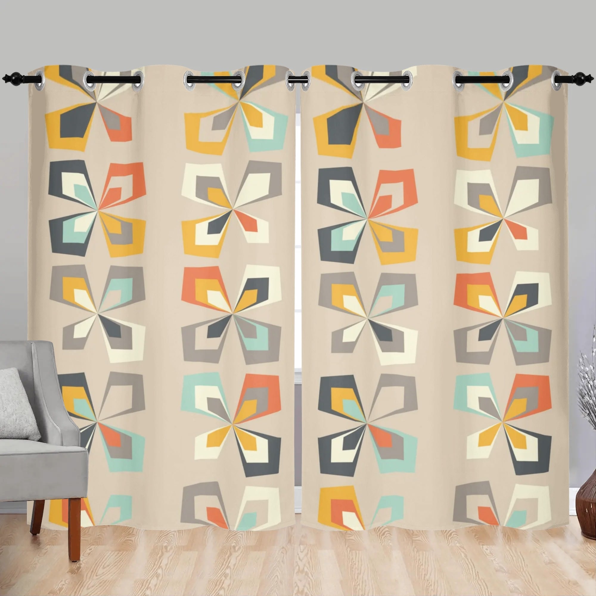 Mod 60s 70s Mid Century Modern Geometric Grommet Curtain Panels