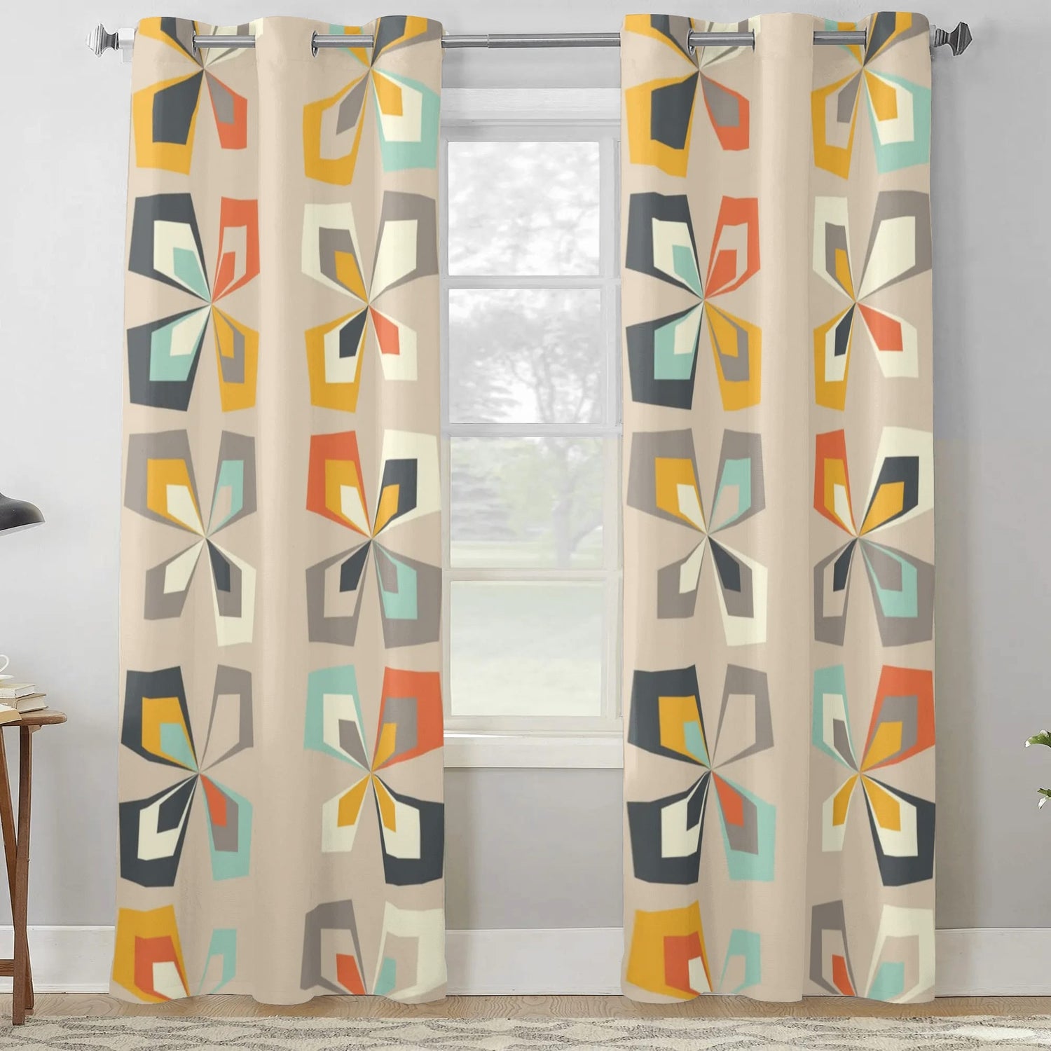 Mod 60s 70s Mid Century Modern Geometric Grommet Curtain Panels