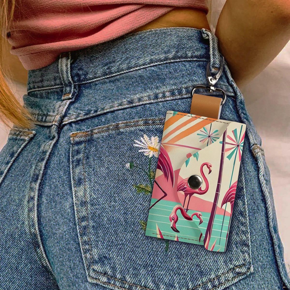 Kitschy Cute Flamingo Palm Springs Cali Style Pocket Purse Key Chain Holder - Mid Century Modern Gal