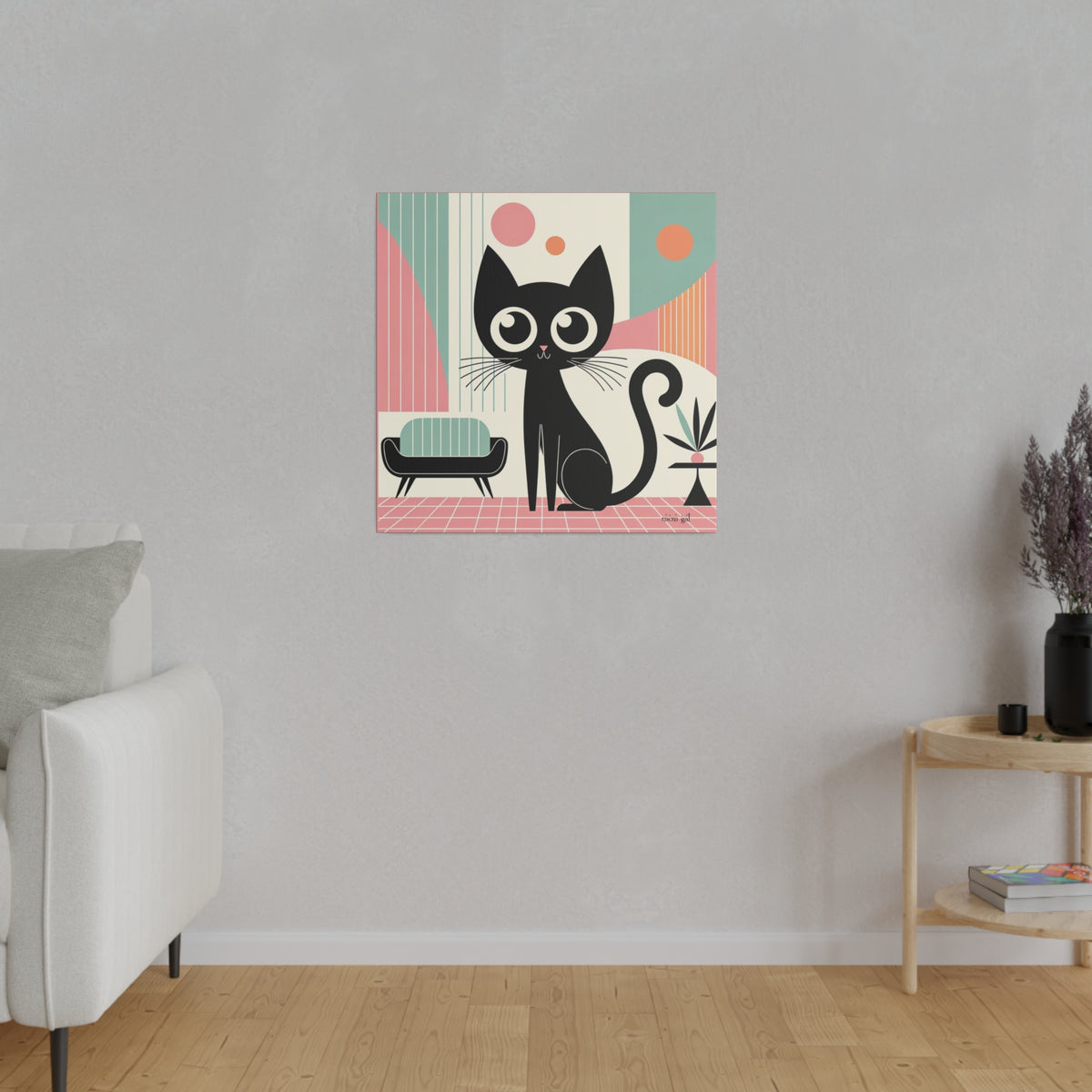 Mid Century Modern Atomic Kitty Cat, Pink, Kitschy Mod Matte Canvas - Mid Century Modern Gal