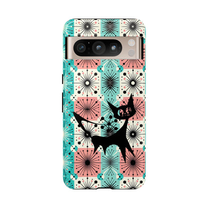 Atomic Kitschy Cat, Mid Century Modern Pink, Aqua Starbursts Tough Phone Case
