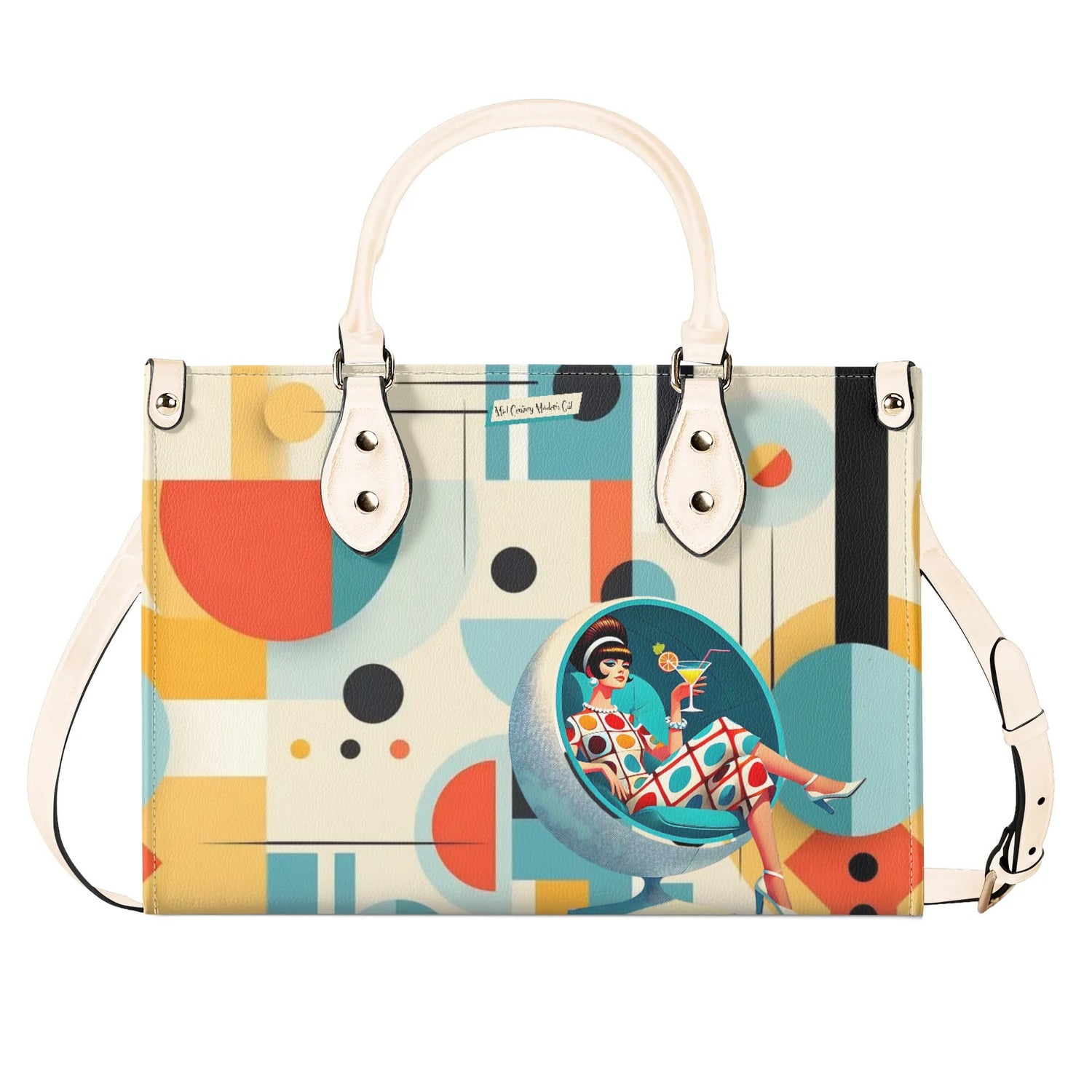 barbara rihl paris travel themed vinyl tote bag Mid Century Mod Gal, Bauhaus Designed, Funky Fun Handbag, Shoulder Bag Beige / M