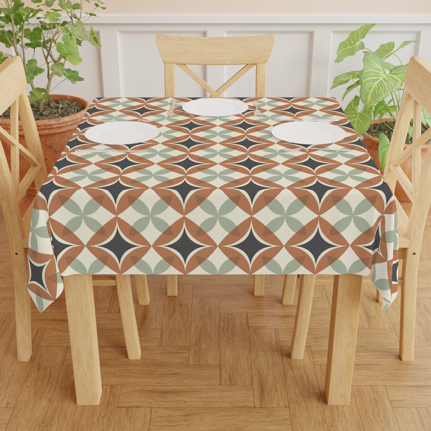 Mid Century Modern Interlocking Geometric, Terracotta Sage Charcoal Tablecloth - Mid Century Modern Gal