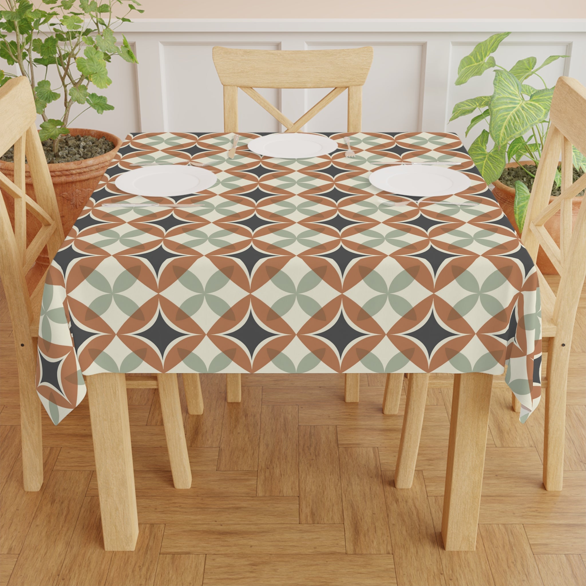 Mid Century Modern Interlocking Geometric, Terracotta Sage Charcoal Tablecloth - Mid Century Modern Gal
