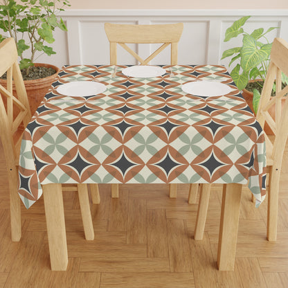Mid Century Modern Interlocking Geometric, Terracotta Sage Charcoal Tablecloth - Mid Century Modern Gal