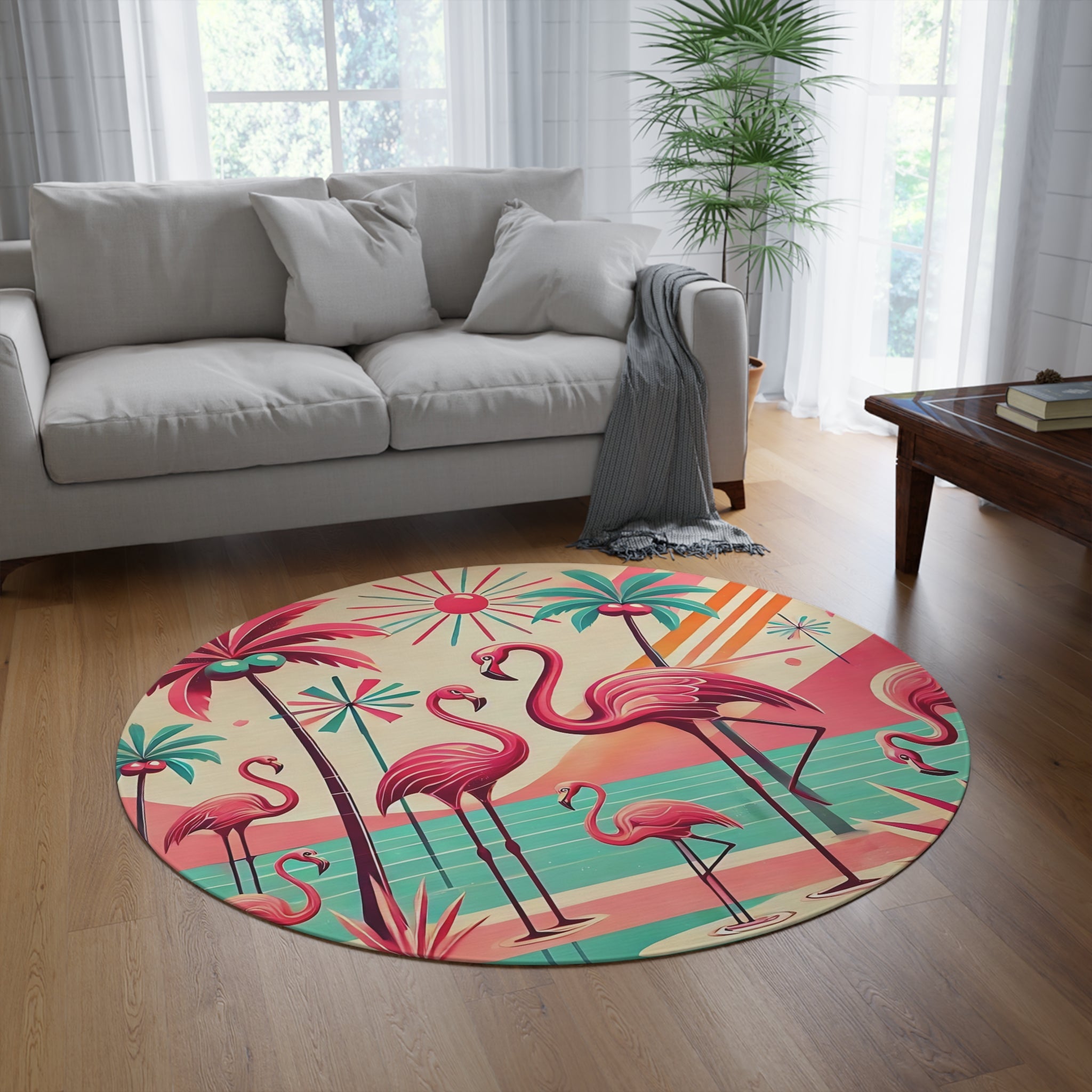 Pink Flamingo Mid Mod Retro Kitschy Round Rug