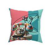 Atomic Cat Quirky Retro Rotary Phone, Kitschy Mid Mod, Pink, Aqua, Teal Broadcloth Pillow - Mid Century Modern Gal