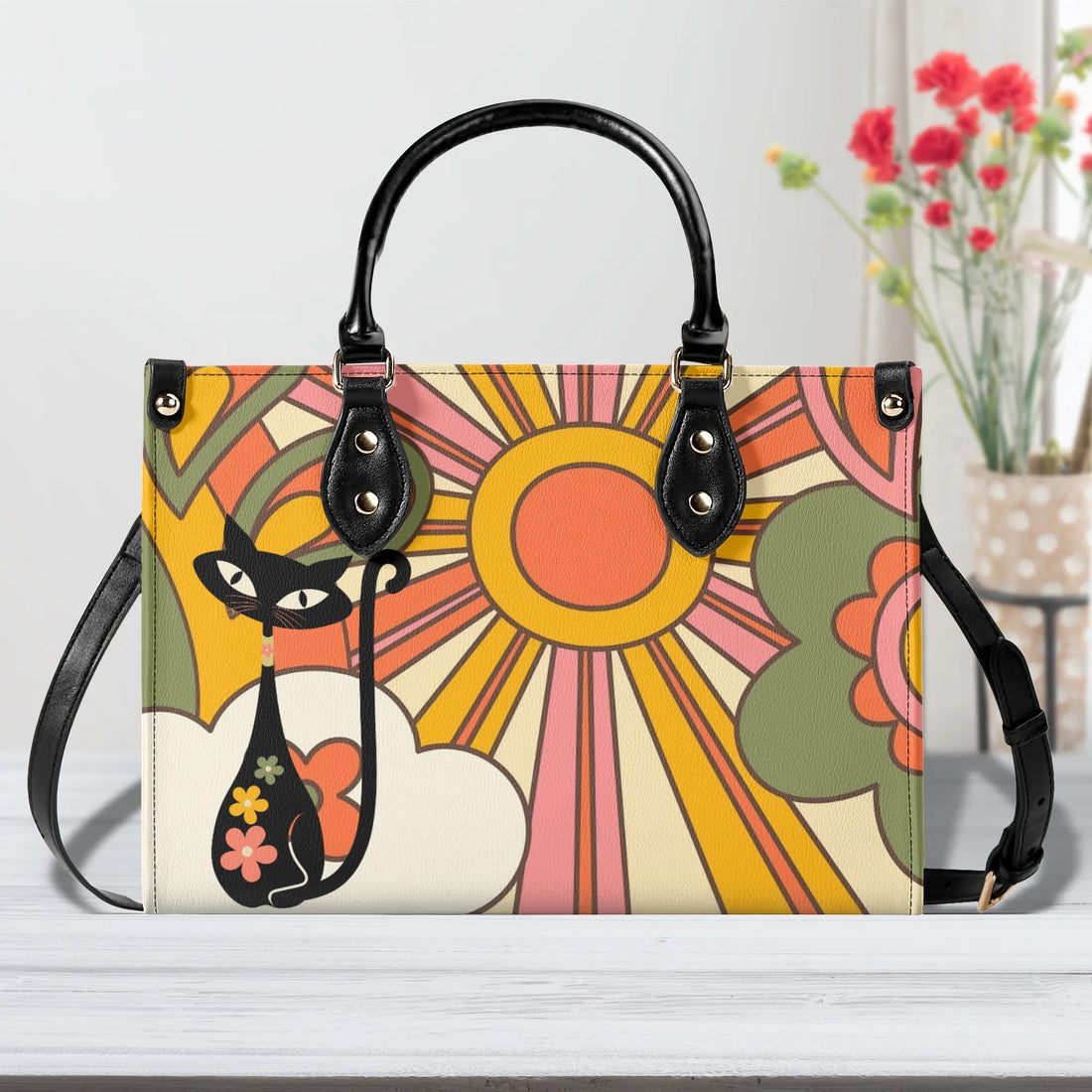 1970s Groovy Handbag, Atomic Kitty, Flower Power Hip Chic Trendy Kitsch Shoulder Bag - Mid Century Modern Gal