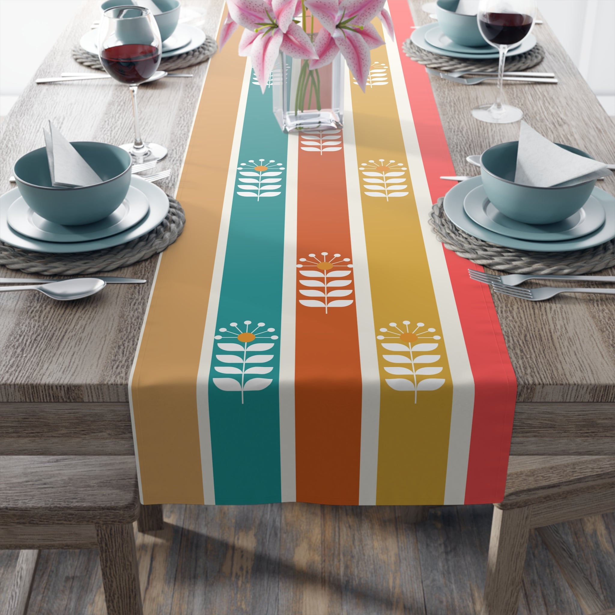 Retro Summer Scandinavian Boho Floral Table Runner - Mid Century Modern Gal