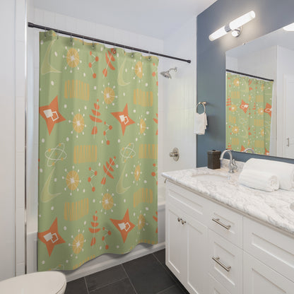 Mid Century Modern Atomic Space, Orange Green Yellow Retro Starburst Shower Curtain - Mid Century Modern Gal