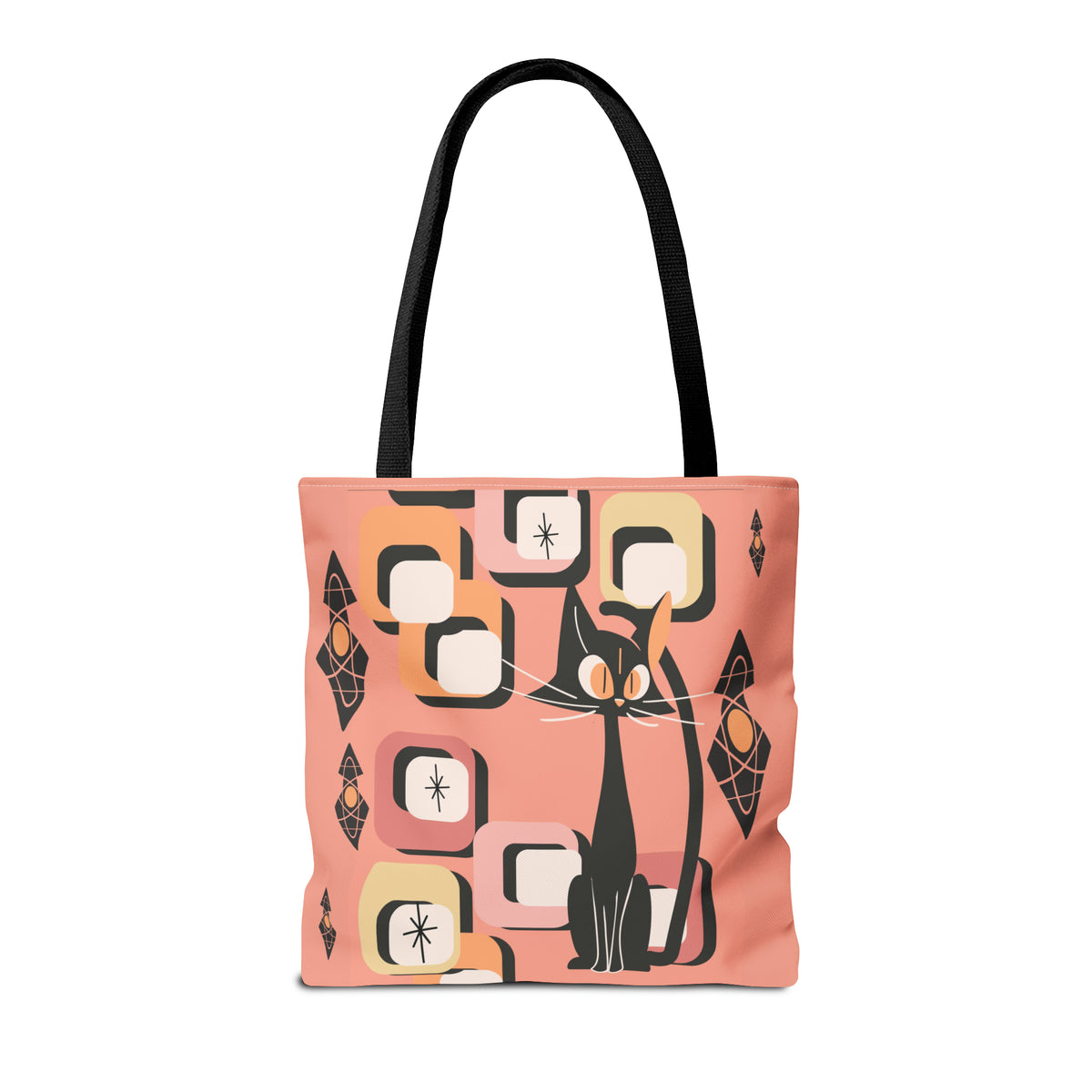 Atomic Cat Tote Bag, Coral Color, Mid Century Modern Geometric Designs, Mid Mod Retro Apparel - Mid Century Modern Gal