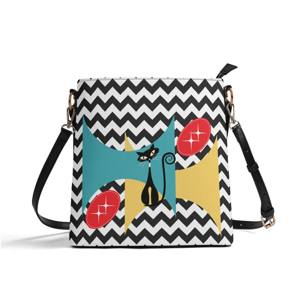 Atomic Cat Bucket Shoulder Bag, Black And White Chevron Purse, Kitschy Fun Design BY MCM GAL