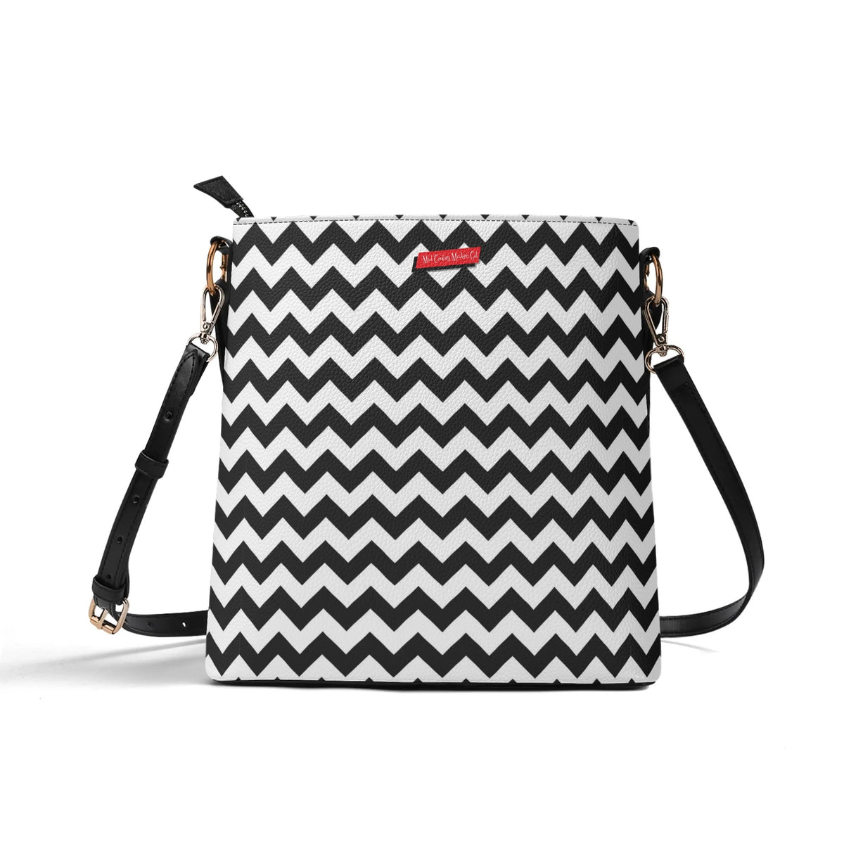 Atomic Cat Bucket Shoulder Bag, Black And White Chevron Purse, Kitschy Fun Design BY MCM GAL - Mid Century Modern Gal