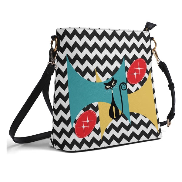 Atomic Cat Bucket Shoulder Bag, Black And White Chevron Purse, Kitschy Fun Design BY MCM GAL