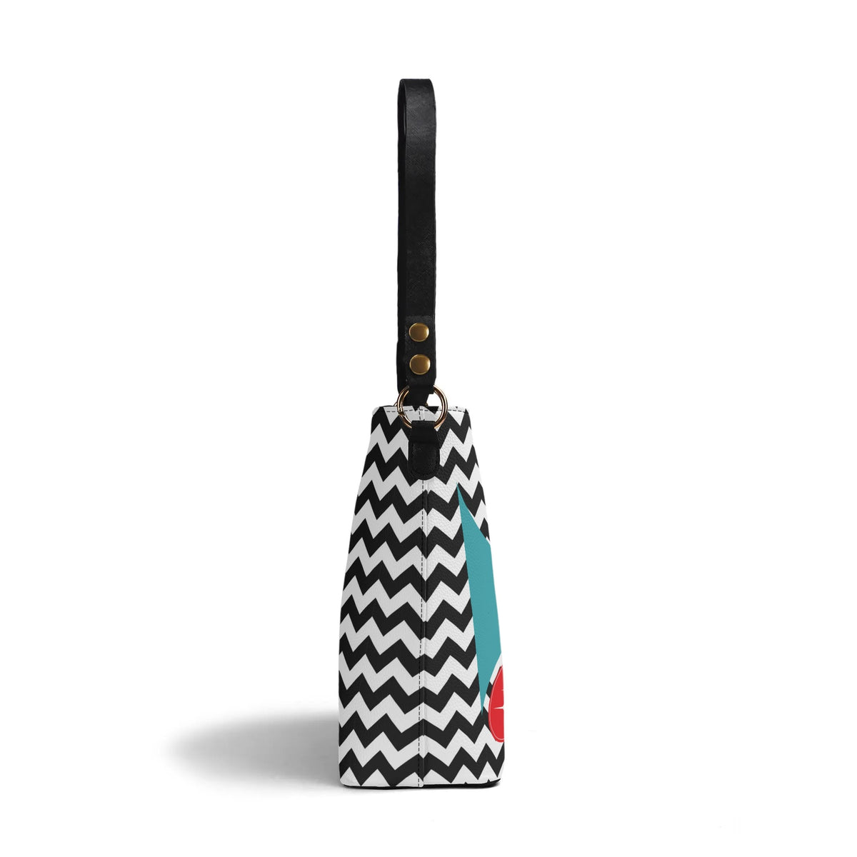 Atomic Cat Bucket Shoulder Bag, Black And White Chevron Purse, Kitschy Fun Design BY MCM GAL - Mid Century Modern Gal