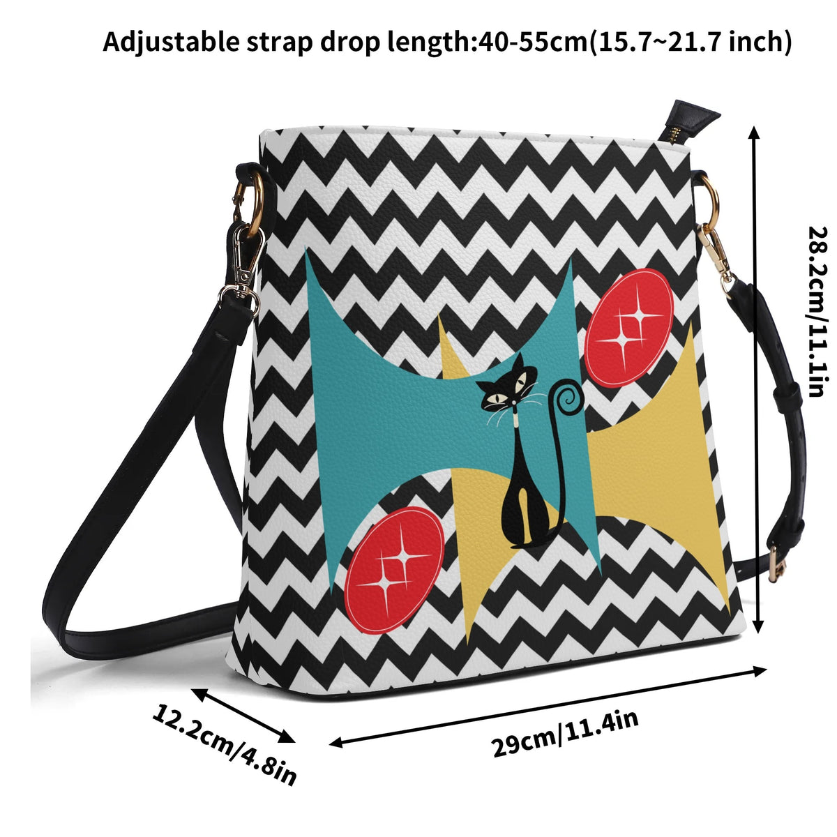 Atomic Cat Bucket Shoulder Bag, Black And White Chevron Purse, Kitschy Fun Design BY MCM GAL - Mid Century Modern Gal