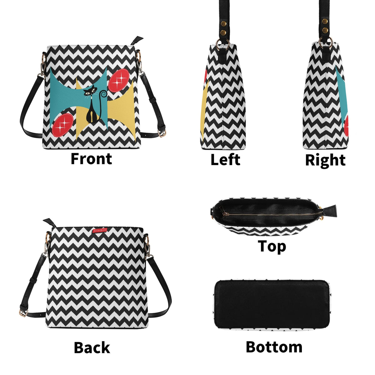 Atomic Cat Bucket Shoulder Bag, Black And White Chevron Purse, Kitschy Fun Design BY MCM GAL - Mid Century Modern Gal