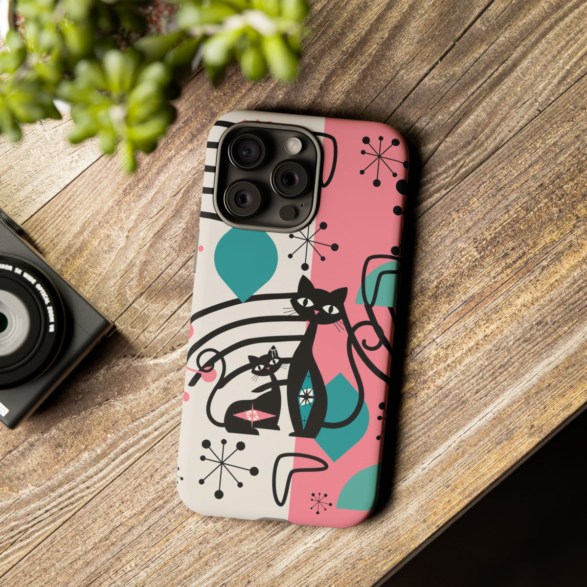Mid Mod Atomic Cat Boomerang Starburst, Pink, Black Kitschy Stylish Cat Phone Case: Modern Design for Cat Lovers