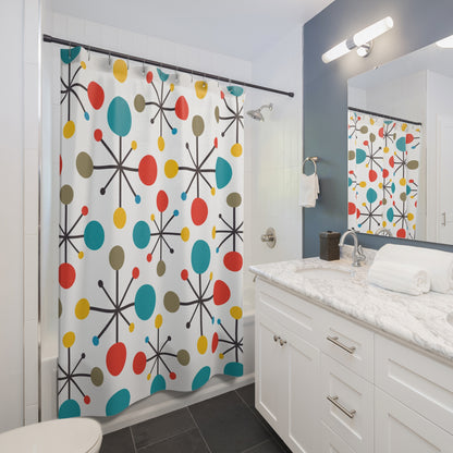 RETRO Atomic Mid Century Modern Teal, Green, Yellow, Starburst Clock MCM Home Decor Shower Curtains - Mid Century Modern Gal