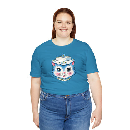 Mid Century Modern Kitschy Anthropomorphic Blue Cat with Floral Hat Unisex T-Shirt