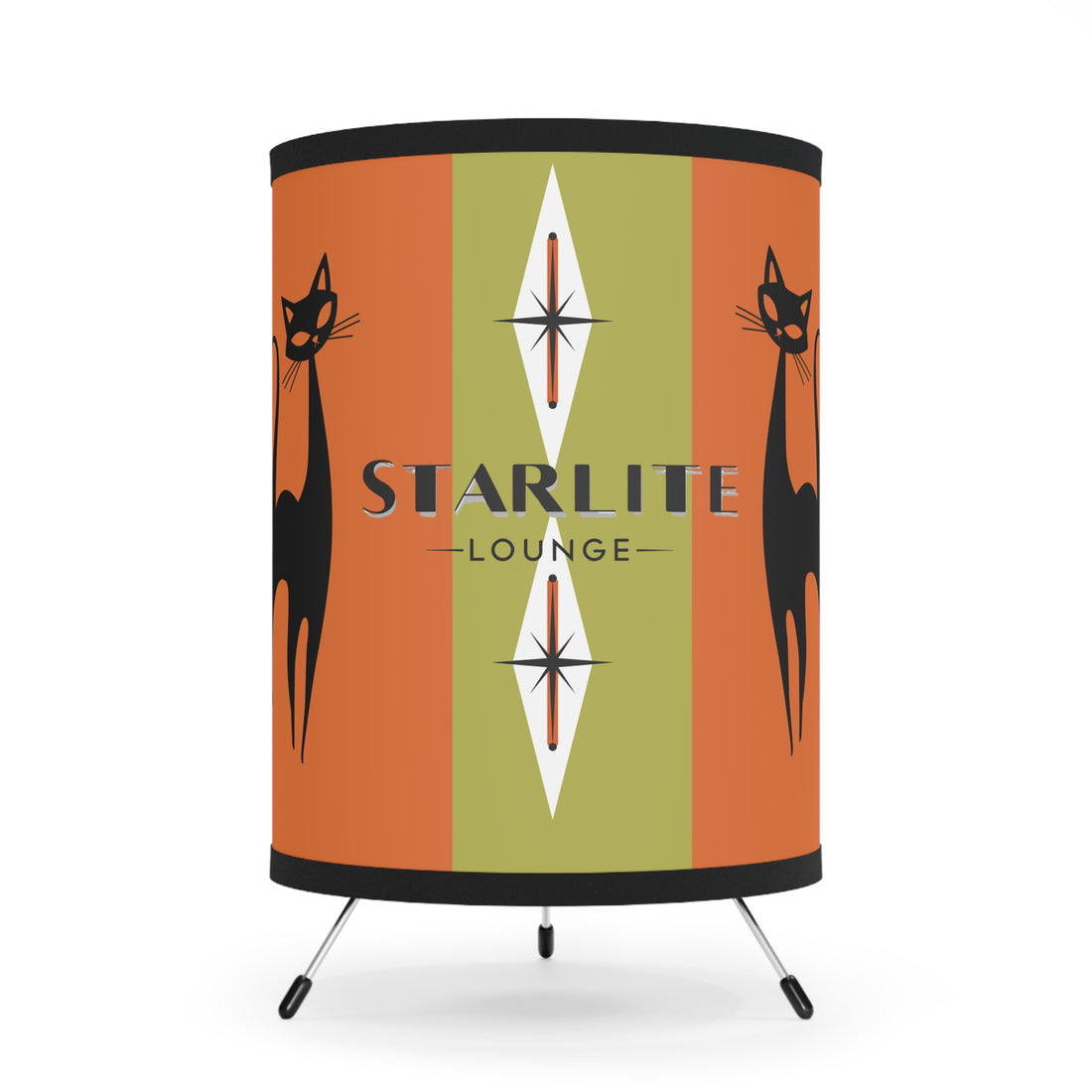 Mid-Century Modern Tripod Lamp For Home Bar, Orange Green Starburst with Cat Design - Starlite Lounge - Mid Century Modern Gal