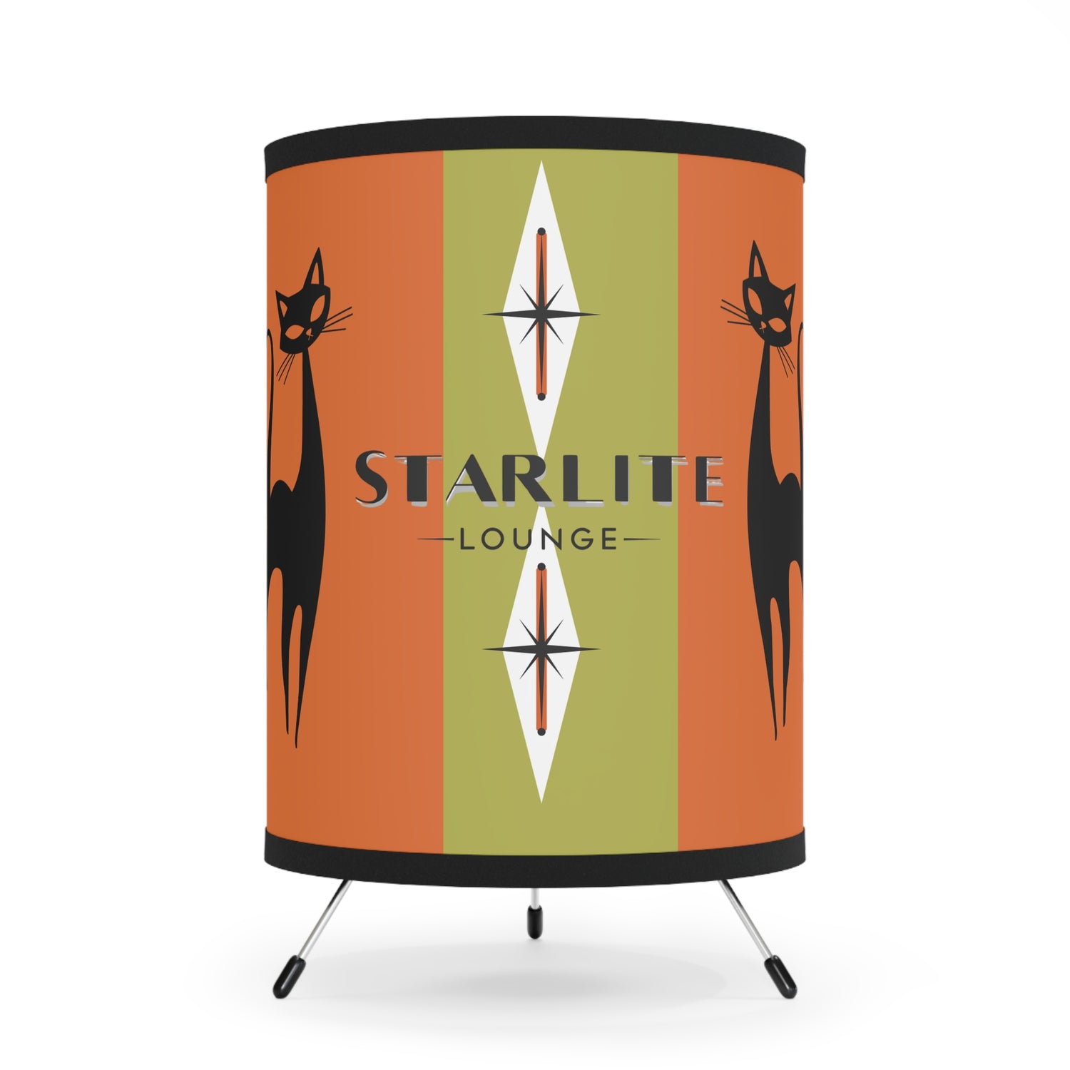 Mid-Century Modern Tripod Lamp For Home Bar, Orange Green Starburst with Cat Design - Starlite Lounge - Mid Century Modern Gal