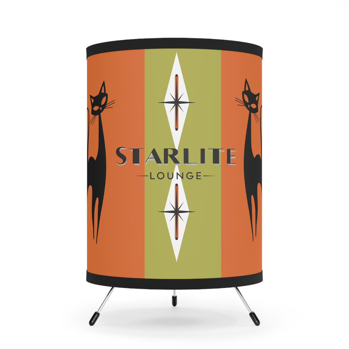 Mid-Century Modern Tripod Lamp For Home Bar, Orange Green Starburst with Cat Design - Starlite Lounge - Mid Century Modern Gal