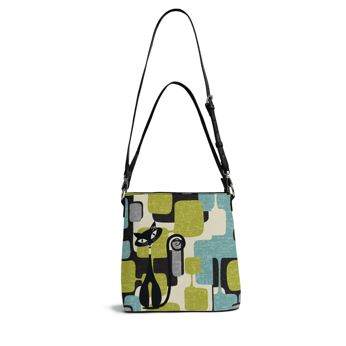 Atomic Cat Bucket Shoulder Bag, Geometric Designed Mid Century Mod Kitschy Trendy Purse - Mid Century Modern Gal