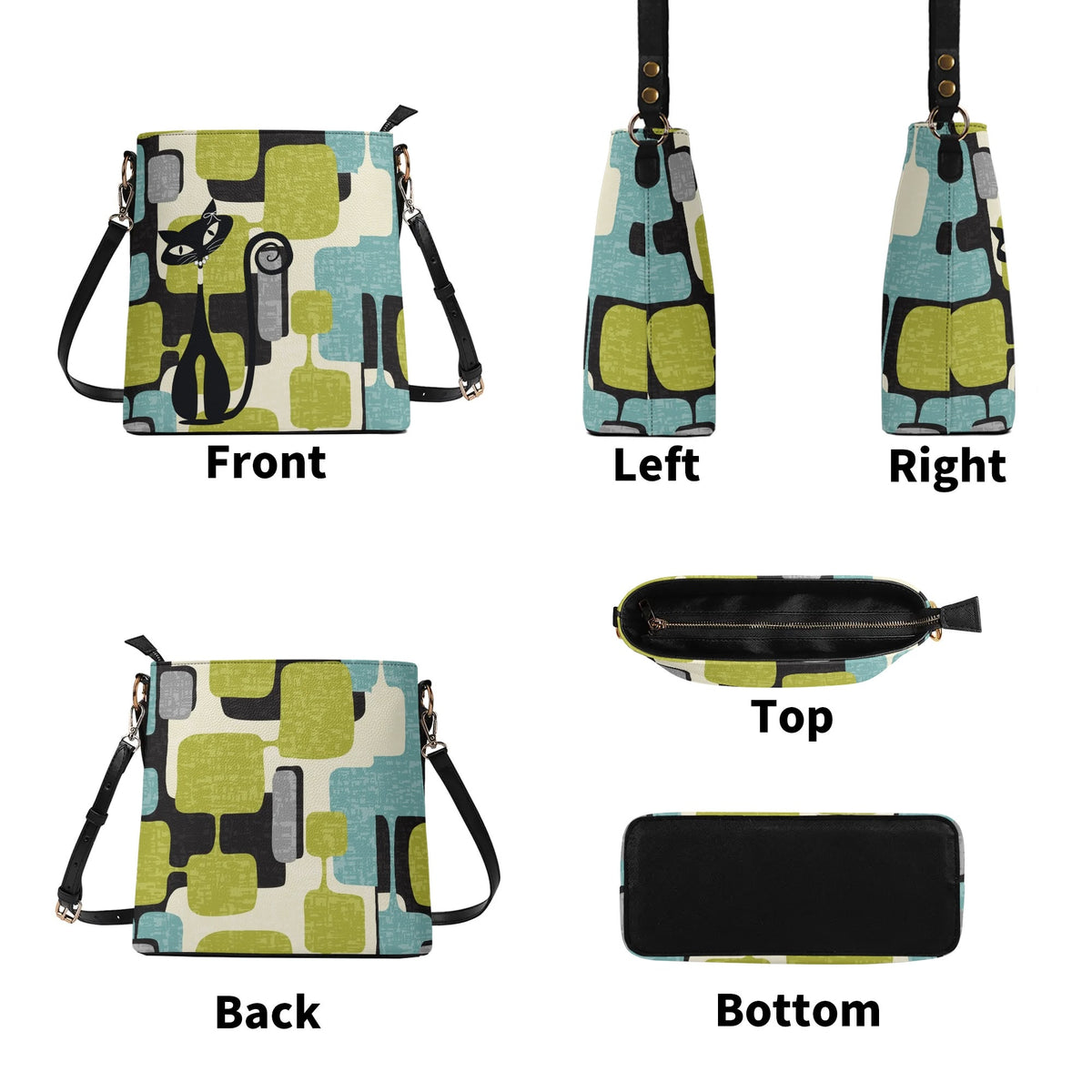 Atomic Cat Bucket Shoulder Bag, Geometric Designed Mid Century Mod Kitschy Trendy Purse - Mid Century Modern Gal