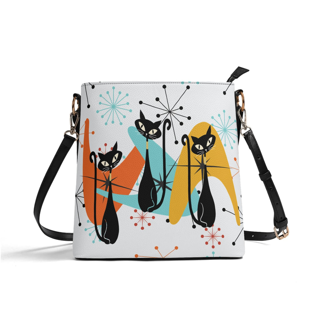 Atomic Cat Bucket Shoulder Bag, Atomic 50s Mid Century Mod Kitschy Trendy Purse - Mid Century Modern Gal