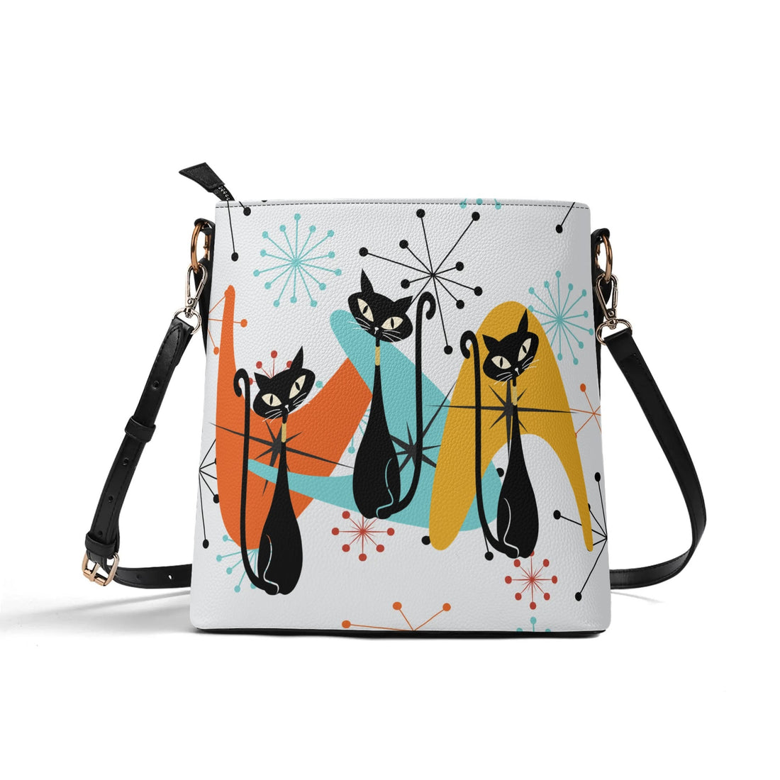 Atomic Cat Bucket Shoulder Bag, Atomic 50s Mid Century Mod Kitschy Trendy Purse - Mid Century Modern Gal