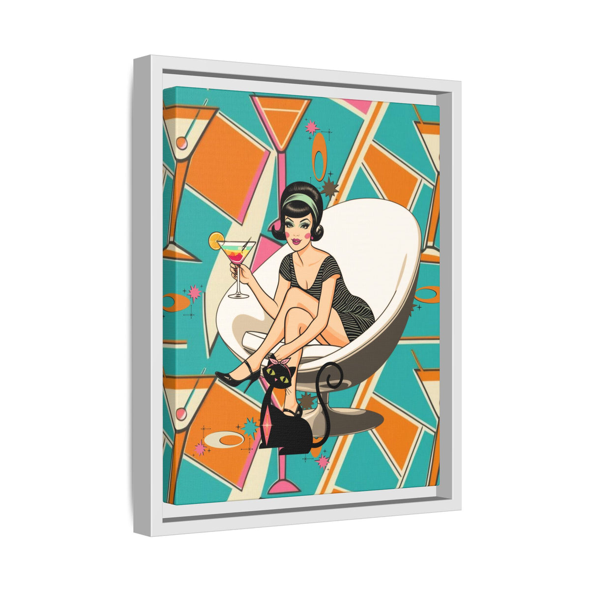 Framed matte canvas wall art featuring a vintage cocktail design with a retro cat and a stylish woman in a mid-century setting.