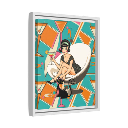 Mid Mod 60s Gal, Atomic Cat Barware Wall Art - Framed Matte Canvas with Vintage Cocktail And Retro Cat Design
